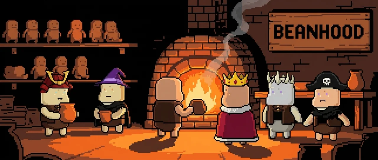 Beanhood figures at work around a glowing kiln, a sign reading BEANHOOD above them